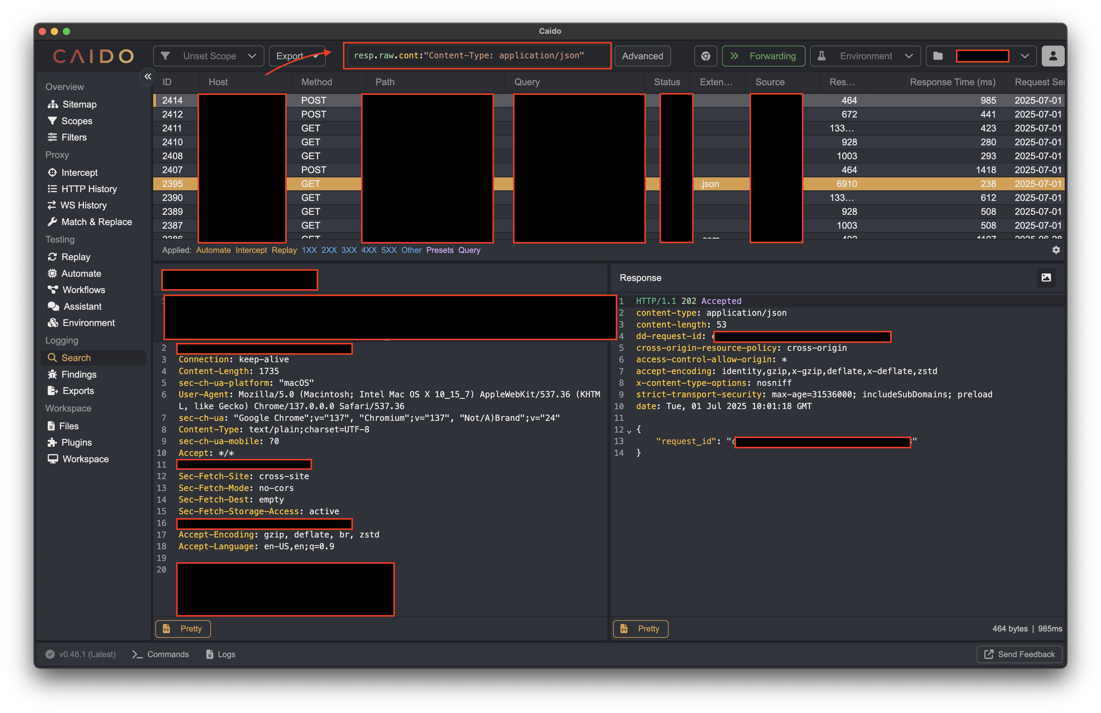 Filtering JSON content type in Caido
